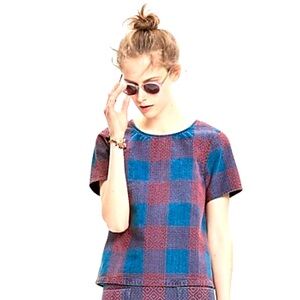 Rivet & Thread Japanese Denim Boxy Plaid Top in Red and Indigo Size S EUC